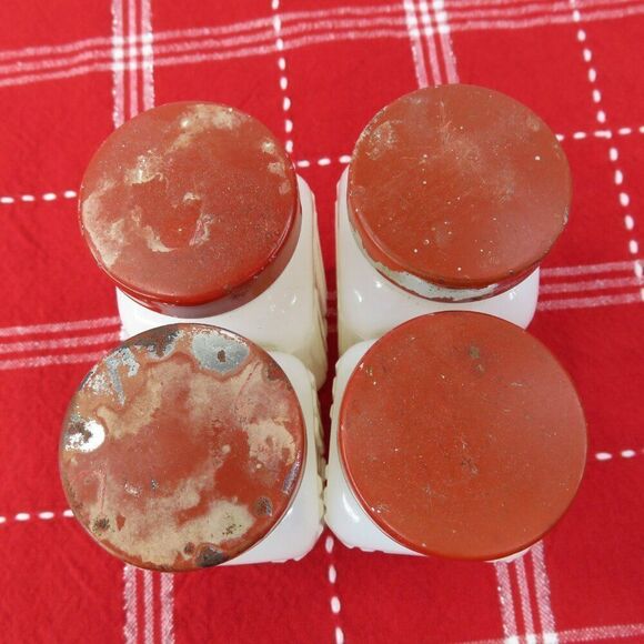 Griffiths Milk Glass Spice Jars Set of 10 Red Lids Some Labels - Picture 4 of 10